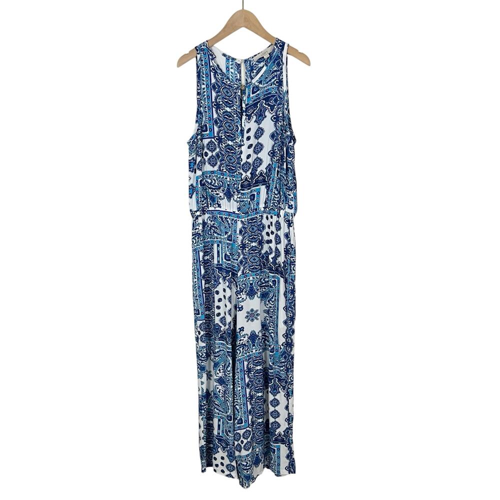 LOFT Paisley Print Wide Leg Cropped Jumpsuit Blue and White Size Medium - Picture 2 of 9
